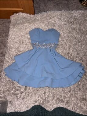 Strapless Light Blue Girls' Party Dress with Embellished Waist